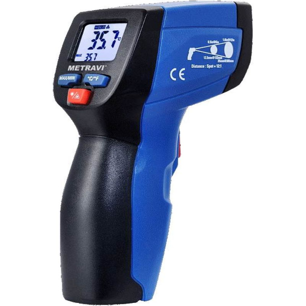 A gun-type infrared thermometer, Metravi MT 2 is used to measure temperature from a distance. This Metravi Infrared Thermometer has a measuring range of -30°C to 260°C/-22°F to 500°F with an accuracy of +/- 2%. It comes with a 3 digits backlit LCD display that gives a clear view of the readings. It also displays the minimum and maximum temperature. This 260 Deg C Digital Non-Contact Infrared Thermometer comes with a laser pointer to indicate the target under test. The data hold function freezes the displayed data for users to get an accurate reading. The over range indication alerts users when a value is too high to fit in the meter’s display. This infrared thermometer has a distance to sighting (D.S.) ratio of 8:1. It has a special response of 6 to 14um and emissivity of 0.95 fixed value. This product is compact and lightweight that enhances ease of use.