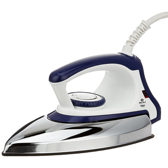 Bajaj Majesty DX 11 - 1000 W, Blue and White Dry Iron – Bajaj DX11 Dry Iron has American heritage Teflon non-stick coated soleplate that ensures even heating to reduce the sticking of iron to the clothes. The body of this iron is sturdy and made up of good quality durable plastic. The plate is made up of stainless steel that improves the functional life of the iron. As it is light in weight, it is fast and easy to operate over the clothes. The 360 degrees swivel cord allows effortless movement and flexibility. The 1000 watts power consumption offers quick heating of iron for fast ironing purpose. Bajaj Majesty DX 11 has a super clean surface finish and attractive design that stands out from other devices. The auto shut off feature helps to avoid overheating problem and damage.